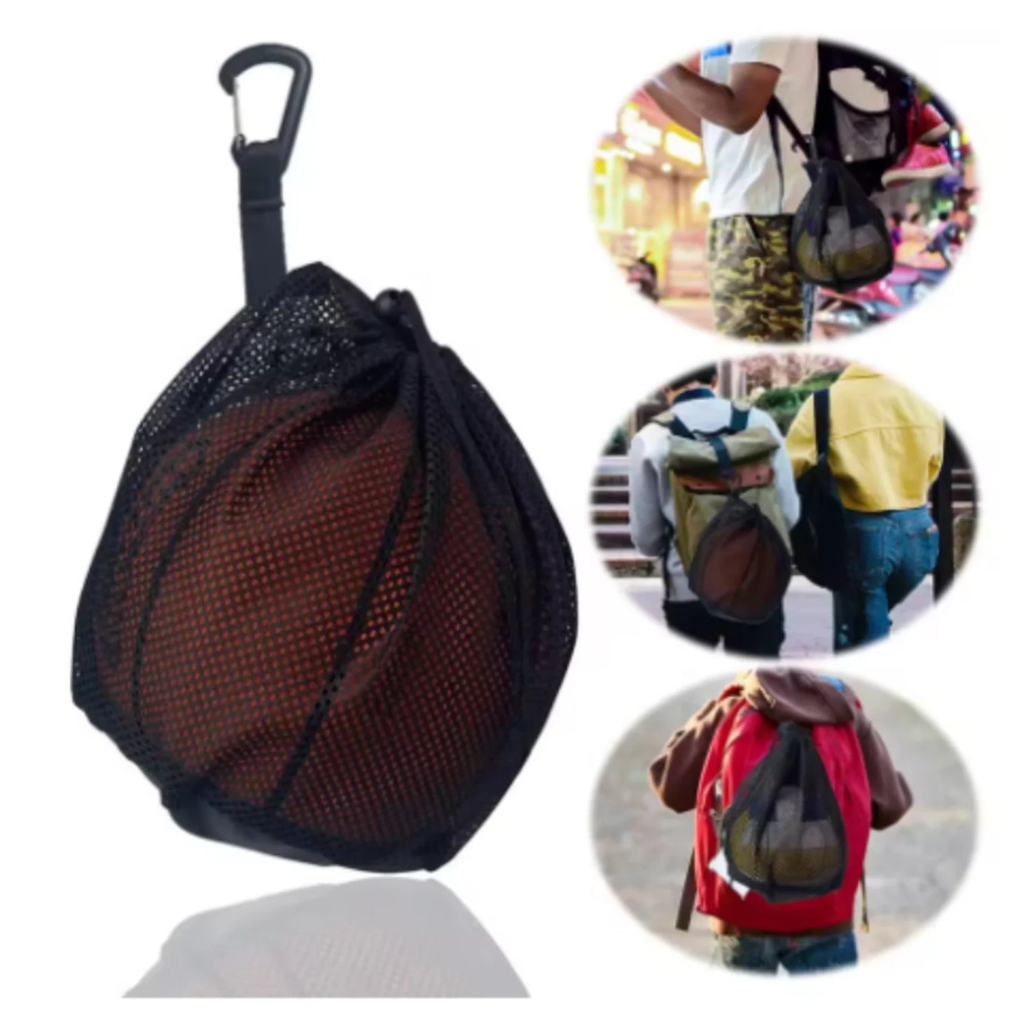 Drawstring Mesh Sports Ball Bag - Basketball, Football, Volleyball Storage Bag with Carabiner